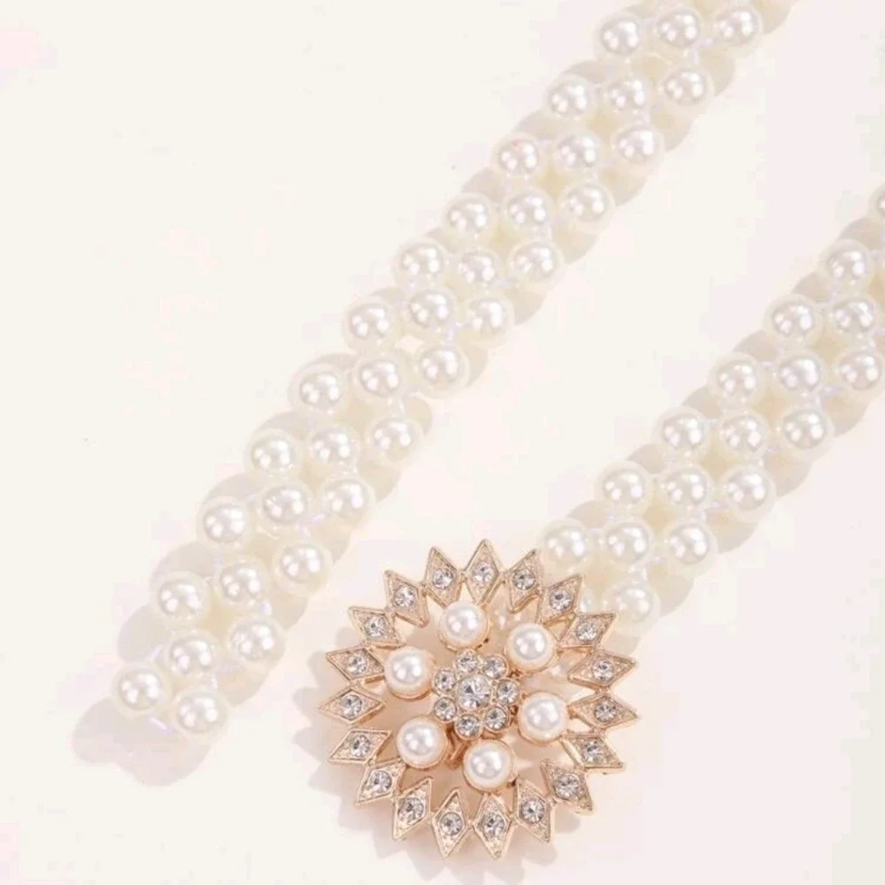 Pearl Stretch Waist Gold Rhinestone Buckle Belt Elastic Coquette Bridal Wedding